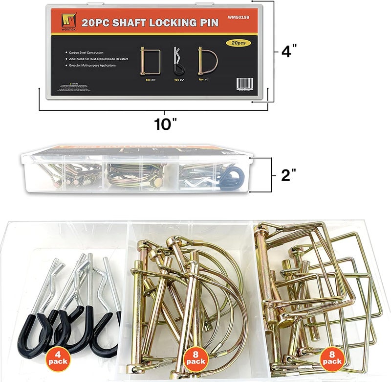 Wellmax 20 Pcs Shaft Locking Pin in 1/4 Diameter Zinc-Plated Heavy Duty Safety Pins, Bonus 4 Pcs Heavy Duty Trailer Hitch Pin for Trailer Lock and Hitch Pin Lock for Farm Lawn Garden Wagons (Gold) - Image 2